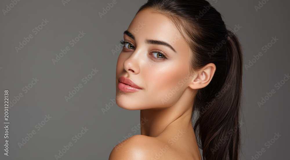 Naklejka premium Portrait woman flawless skin natural beauty dark hair studio background close up face profile elegance soft light