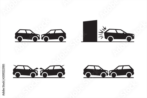 Car accident icons, crash collision symbols for traffic safety and insurance