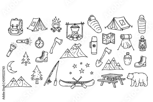 Hand drawn camping icons set, black and white doodle outdoor adventure elements, wilderness hiking and forest exploration sketches on white background