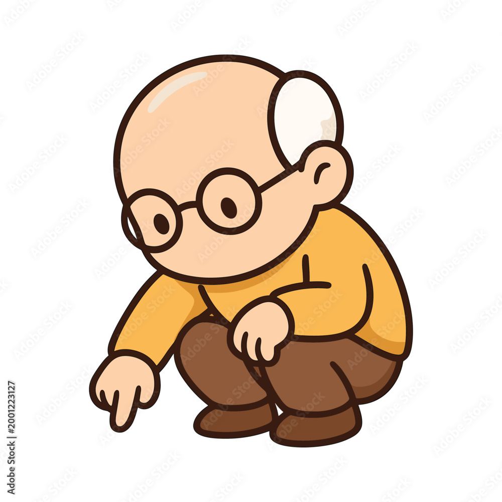 Fototapeta premium Cute elderly man pointing down cartoon illustration