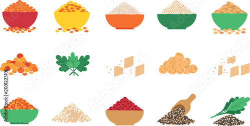 Grains, Seeds and Legumes Food Vector Set Featuring Lentils, Rice, Beans, Chickpeas, Tofu and Organic Ingredients in Flat Illustration Style