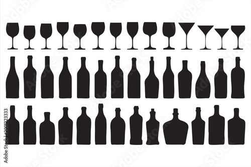 Wine glass icons, bottle alcohol symbols for bar and restaurant menus