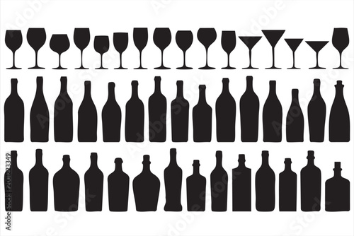 Alcohol drink icon set, wine glass bottle symbols for nightlife and hospitality