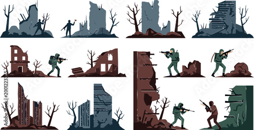 War Ruins Combat Scenes Vector Set Featuring Soldiers Fighting in Destroyed Buildings, Post Apocalyptic City Environments and Battle Action Illustrations