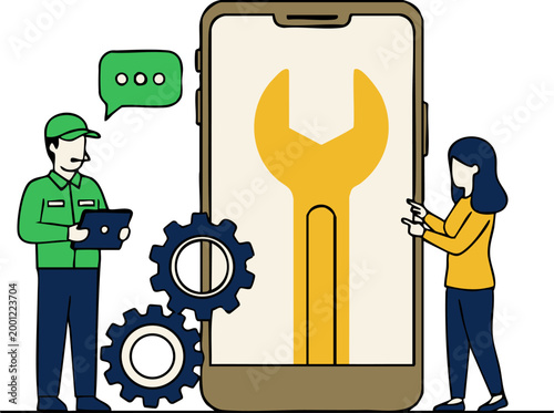 Technical support professional helping a customer with mobile phone repair service in a vector illustration.