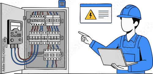 A professional technician is inspecting an electrical distribution panel with a laptop in a simple vector graphic illustration.