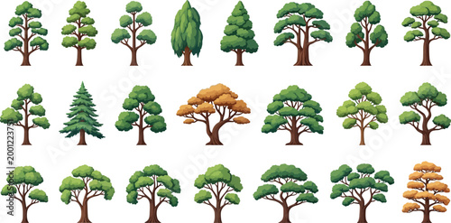 Set of diverse green trees isolated on white background for nature and environmental design