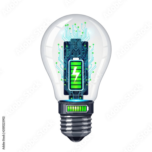 Futuristic Light Bulb Showing Green Battery Circuit on Transparent Background