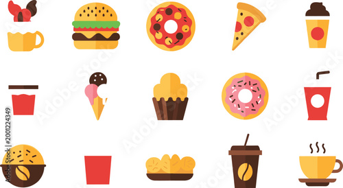 Colorful fast food and drink icons on transparent background