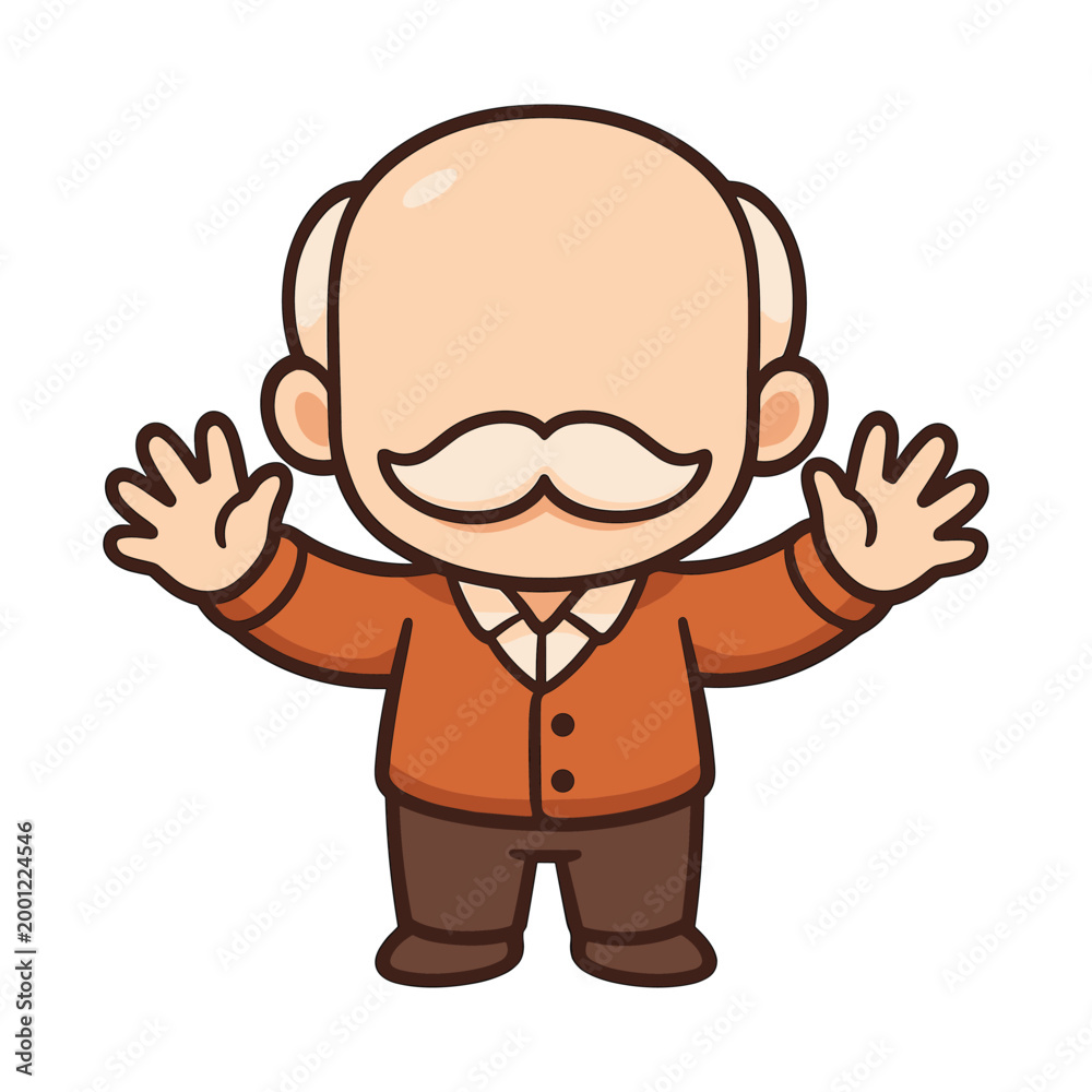 Fototapeta premium Smiling elderly man with mustache waving hands cartoon