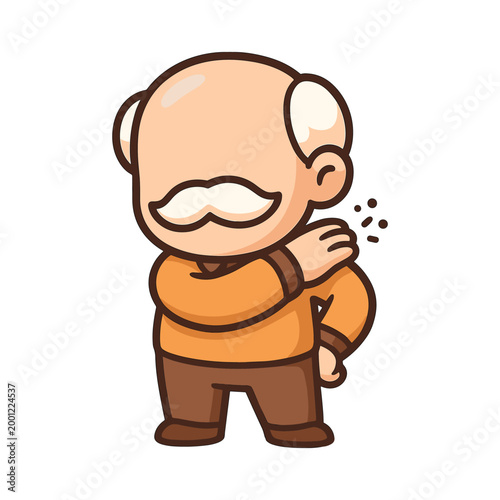 Cartoon old man scratching back with itching