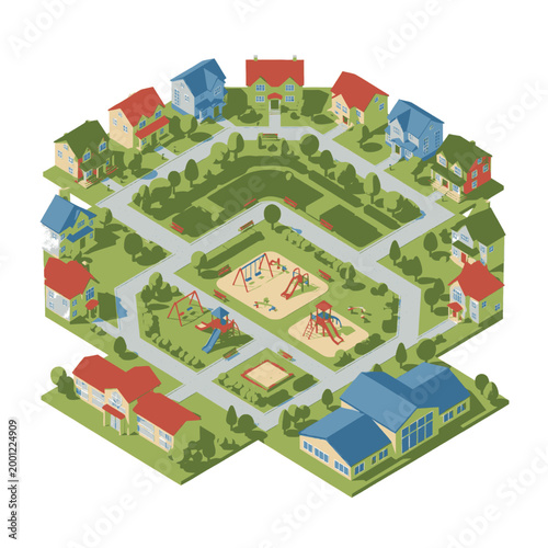 Aerial view of a suburban neighborhood with houses, a school, and a playground.