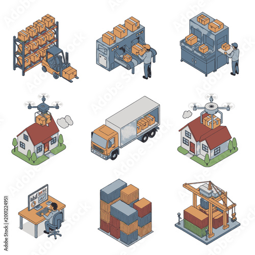 Isometric illustration of logistics and delivery services, including warehousing, transportation, and drone delivery.