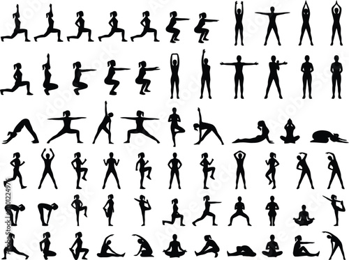 Schilderij op canvas Set of silhouettes of a woman performing various yoga poses and fitness exercise
