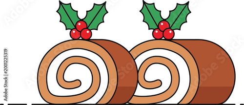 Two festive Christmas yule log cakes with holly berry garnish on white background