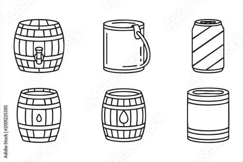 Beer Barrel Outline Icons for Brewery Beverage Packaging Design