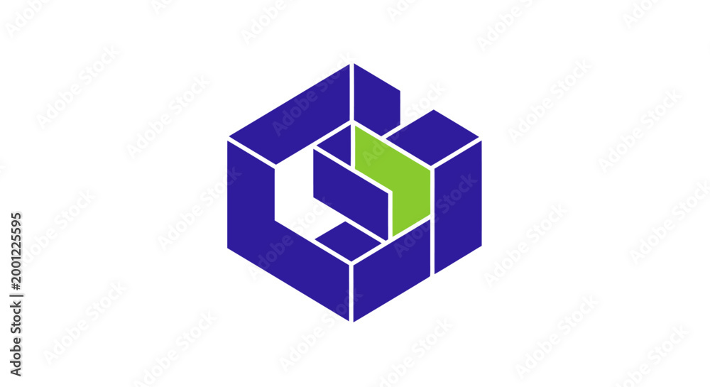 Obraz premium Abstract geometric cube logo design with blue and green elements.