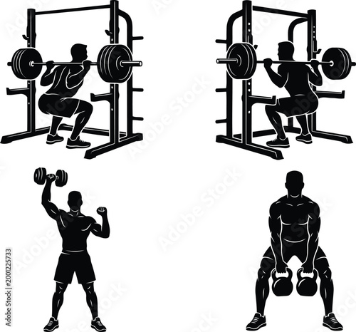Set of black silhouettes of a muscular man doing fitness exercises with a barbell and kettlebells in a gym for muscle building and strength training
