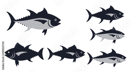 A collection of illustrated tuna fish, with some swimming in a group and others depicted individually, presented in a clean graphic style