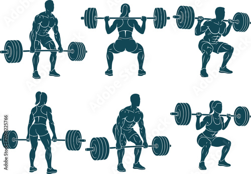 Set of men and women lifting heavy barbells doing squats and deadlift exercises in the gym