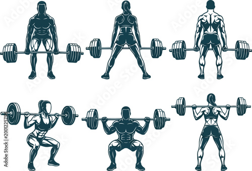 Set of men and women performing weightlifting exercises with barbells in a gym for bodybuilding and strength training workout