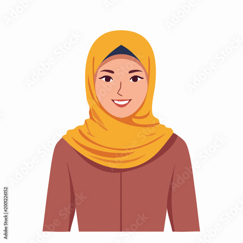 Illustration of a smiling woman wearing a yellow hijab