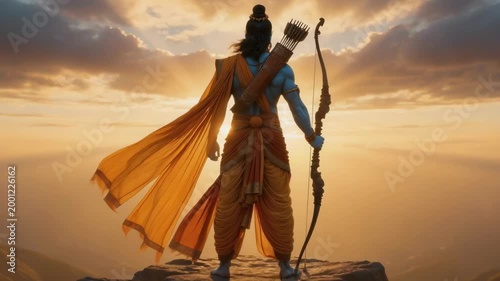 Lord Rama standing with a bow and quiver, cinematic 3D animation of Hindu deity, divine ethereal sunset sky background, spiritual high-quality motion graphic