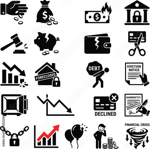 Set of black financial crisis and bankruptcy icons representing economic struggle debt foreclosure and money loss for business and personal finance design