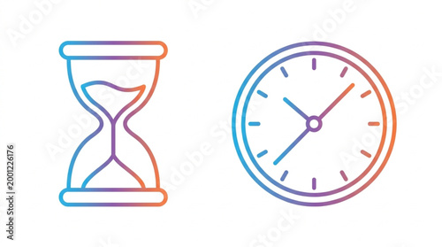 A colorful line art illustration of an hourglass and clock on a white background