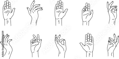 Set of diverse hand gestures and poses isolated on white background for communication and sign language