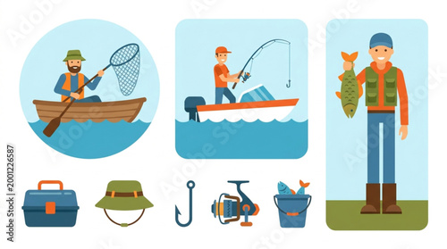 A colorful flat lay of fishing related items and illustrations of people fishing in various scenes on a white background