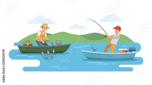 Two men fishing from separate boats on a serene lake with green hills and blue sky