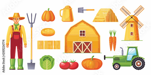 farmer character with farm elements and tools