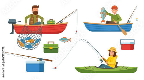 Illustration of three men fishing from colorful boats with various gear on a clean white background