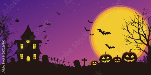 spooky halloween landscape with haunted house pumpkins and bats