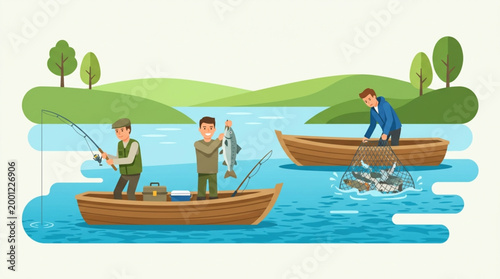 Illustration of three men fishing from two wooden boats on a serene lake with lush green hills and trees in the background