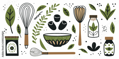 matcha tea culture elements with whisk bowl leaves and jars