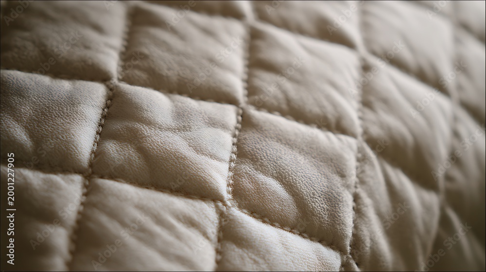 Fototapeta premium Close-up of beige quilted fabric texture with diamond pattern.