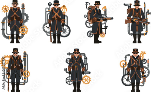 Steampunk Gentleman Engineer Characters Vector Set Featuring Victorian Style Men with Mechanical Gear, Goggles, Weapons and Retro Industrial Elements