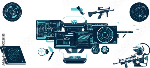 Virtual Reality Combat Interface Vector Illustration Featuring VR Headset, Futuristic HUD Screens, Weapon Systems, Targeting Elements and Digital Gaming Environment Design