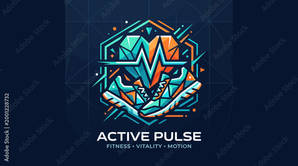 Fototapeta premium Abstract Geometric Heartbeat Pulse Line Art with Running Shoes.