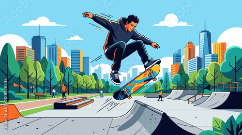 Young man performing a trick on a skateboard in a skatepark.