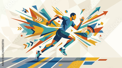 Athlete running fast with abstract colorful shapes exploding behind him.