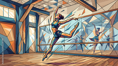 Ballet dancer performs a graceful leap in a studio with mirrors.