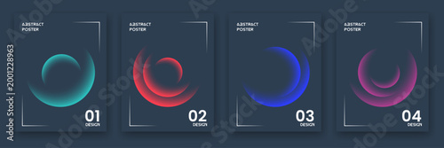 Abstract digital art series four vertical panels with glowing curving light trails and numeric indicators