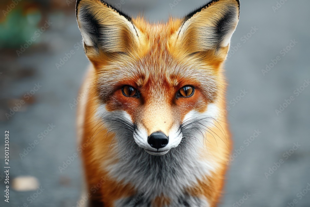 Fototapeta premium Curious red fox peeking with alert upright ears and orange fur on a quiet paved path