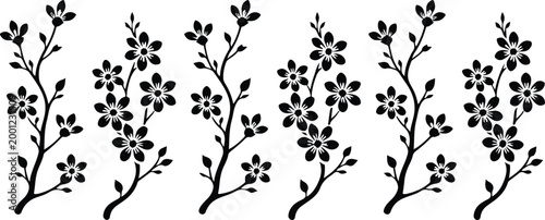 Tablou pe pânză Cherry blossom branch silhouette set with blooming sakura flowers and buds vecto