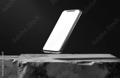 sleek smartphone with blank white screen levitating above a rough stone pedestal in a dark minimalist studio, futuristic and mysterious mood