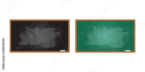 Chalkboard set. Realistic black and green blackboard in wooden frame isolated on whit background. Blackboard collection. Rubbed out dirty chalkboard. Background for school or restaurant design, menu