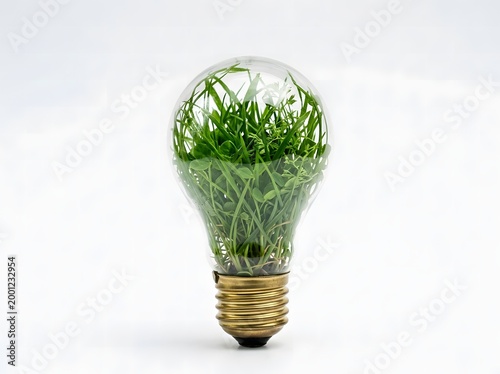 Light bulb with green grass growing inside on white background